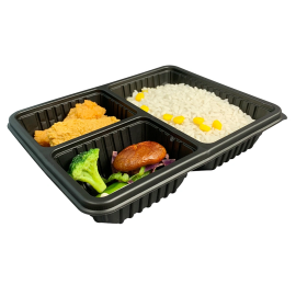 3 Compartment Takeaway Containers Black Plastic Meal Box with Lid