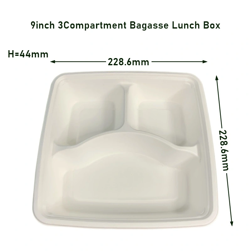 9Inch 3Compartments Bagasse Food Takeaway Box