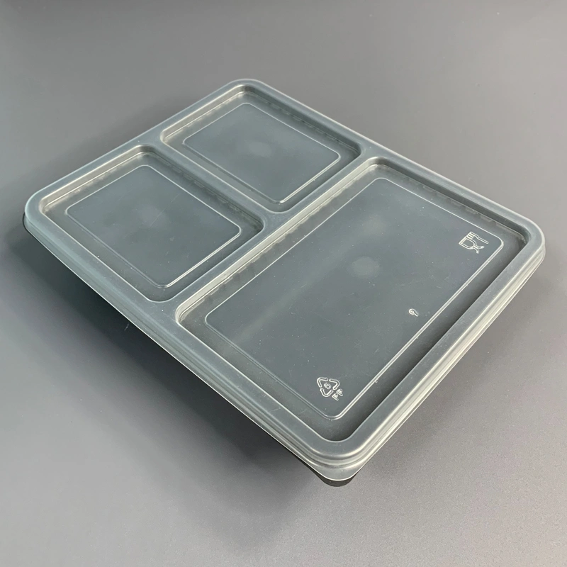 3 Compartment Black PP Plastic Meal Box with PET Lid