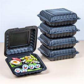 Black customized 3 compartments clam shell PP lunch box takeaway packaging wholesale